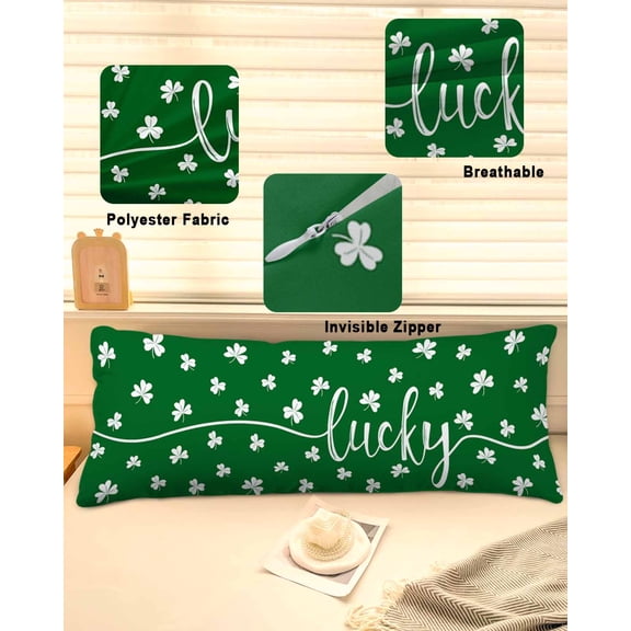 Lucky Shamrock, Throw Pillow Covers, St. Patrick's Day Irish Green Soft Breathable Pillow Cases with Invisible Zipper for Sleeping, Long Body Pillowcases for Couch Bed Sofa Chair 20x54 Inches