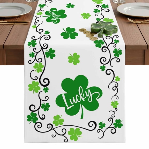 Lucky Shamrocks Table Runner 13 x 36 Inch, St. Patrick's Day Green Clover Washable Cotton Linen Dining Table Runner Tabletop Decorations for Restaurant Home Kitchen Party