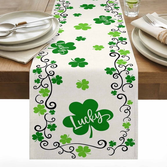 Lucky Shamrocks Table Runner 13x48 inch St. Patrick's Day Green Clover Linen Cotton Linen Dining Table Runner Ideal for Dresser Kitchen Coffee Tables - Machine Washable