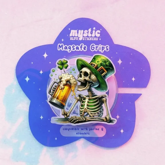 Lucky Skeleton Phone Grip Beer & Shamrock Design with Green Hat, Kawaii MagSafe Grip for St. Patrick's Day