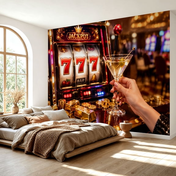 Lucky Slot Machine Jackpot Wall Mural Peel and Stick Wallpaper Cocktail Gambling Casino Symbols Large Removable Self Adhesive Wall Paper Vinyl for Bedroom Living Room 69" x 96"