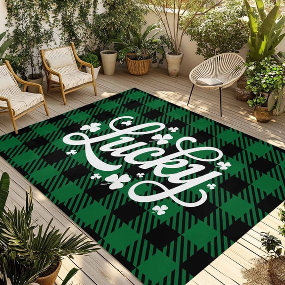Lucky St. Patrick's Day Outdoor Rug for Patio/Deck/Porch, Non-Slip Large Area Rug 3 x 5 Ft, Green Four-leaf Grass Plaid Indoor Outdoor Rugs Washable Area Rugs, Reversible Camping Rug Carpet Runner