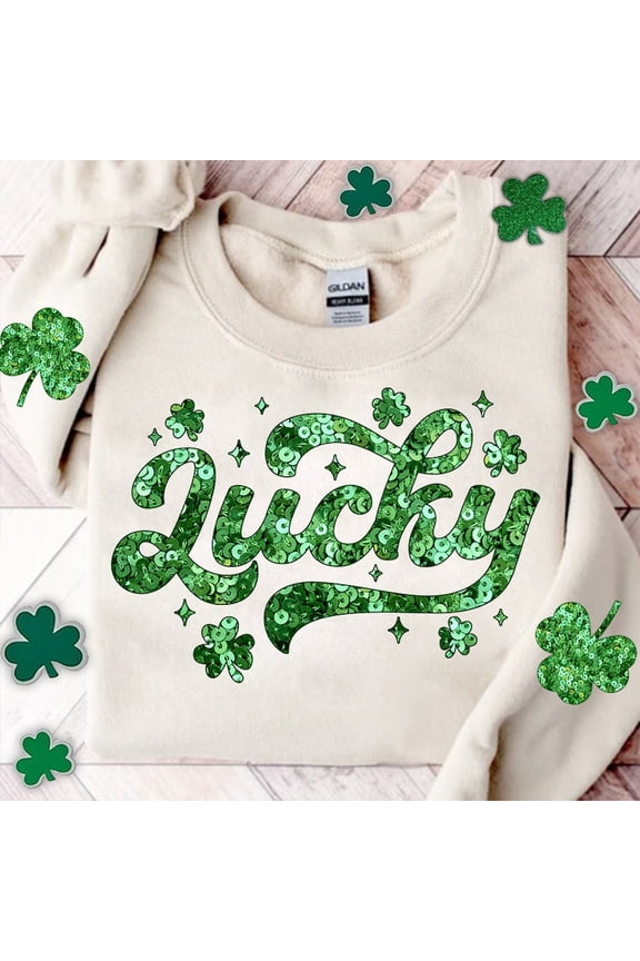 Lucky St Patrick's Day Sweater, Shamrock Retro Groovy, Irish Day Pullover, Lucky Clover Sweatshirt, Faux Sequin St Patty's Sweater