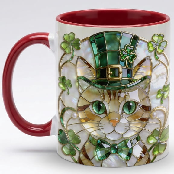 Lucky Stained Glass Irish Cat Ceramic Mug - Shamrock Leprechaun Kitty Coffee Cup, Faux 3D Jewel Tone Artwork Mug, Cute Irish Decor Gift for Mom Dad Friends Family Home Office