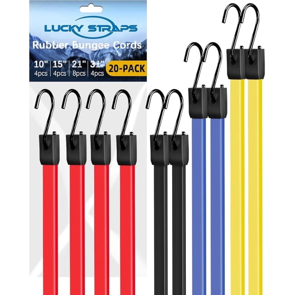 LuckyStraps 20 Pack Heavy Duty Rubber Bungee Cords with Upgraded Steel Hooks, Assorted Sizes