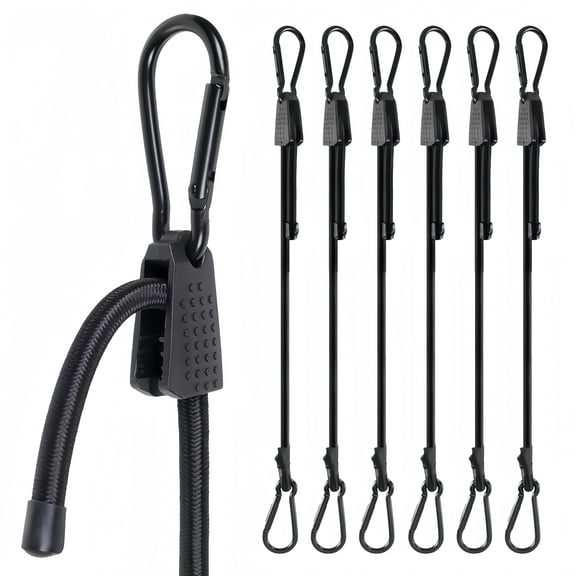 LuckyStraps 6-Pack 80" Adjustable UV-Resistant Carabiner Bungee Cords with Clips, Black Heavy Duty Straps for Cargo, Bike, Camping, Outdoor, Home