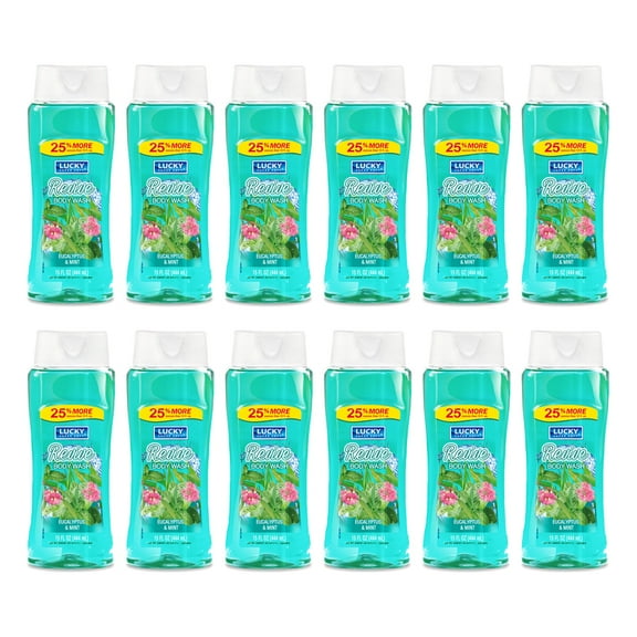 Lucky Super Soft Revive Body Wash. Cleanses, Refreshes and Moisturizes Your Skin. Eucalyptus & Mint Fragrance. 15 fl.oz / 444 ml. Pack of 12