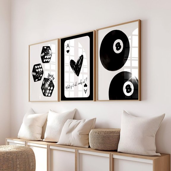 Lucky Syndrome Wall Art Black Lucky Dice Posters 8 Pool Ball Bar Cart Decor Set 3 Unframed Paper Print 8x12