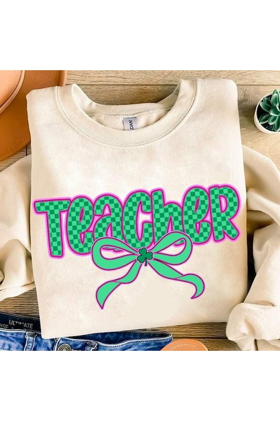 Lucky Teacher St Patrick’s Day Sweater, Preppy Checkered Coquette Shamrock Gift Sweatshirt