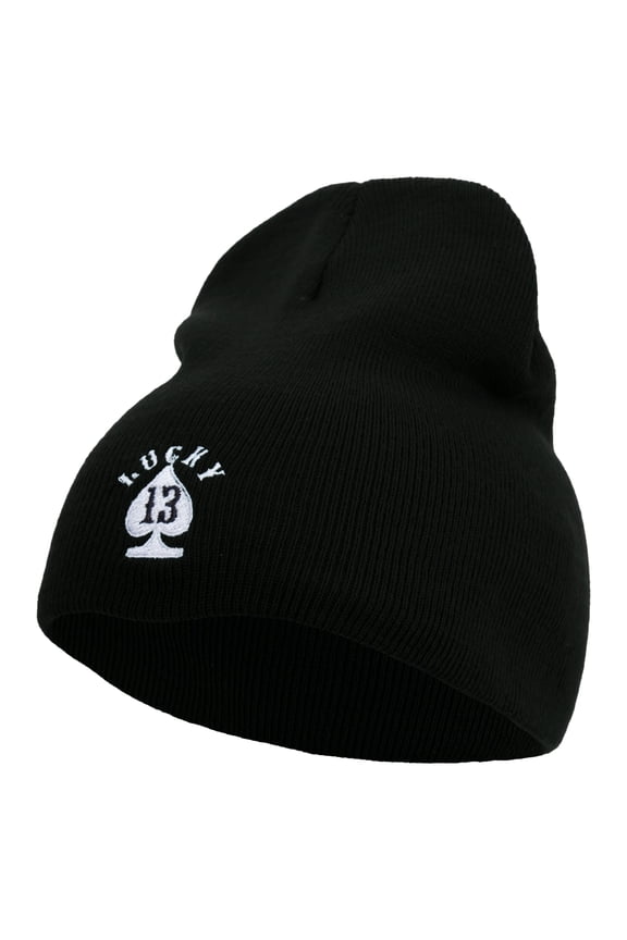 Lucky Thirteen Embroidered 8 inch Acrylic Short beanie - Black OSFM