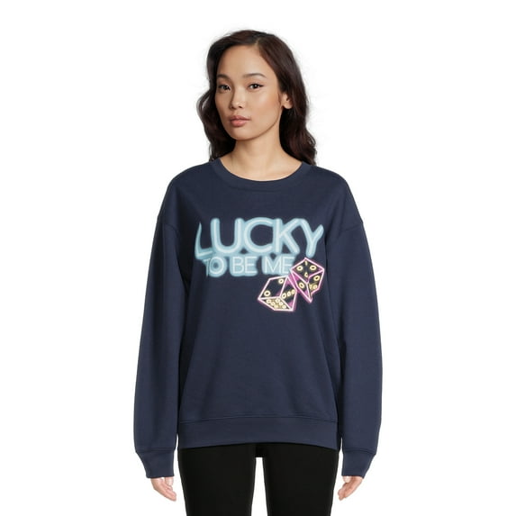 Lucky To Be Me Women's Juniors Graphic Fleece Sweatshirt with Long Sleeves, Sizes XS-XXXL