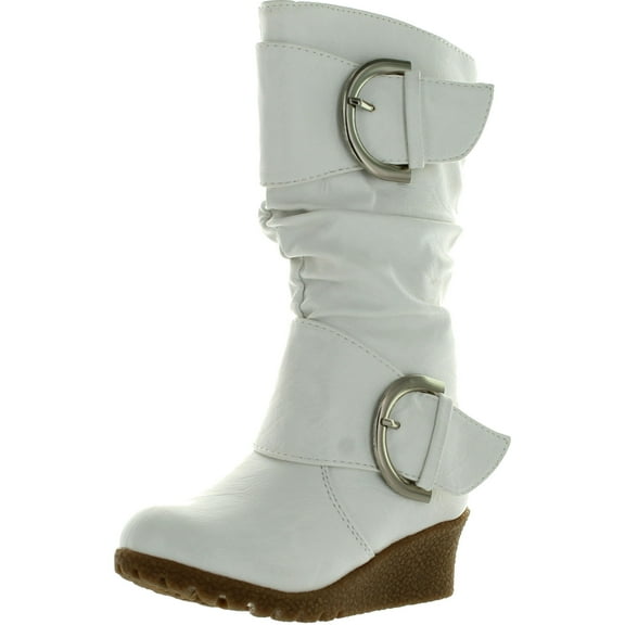 Lucky Top Girls Pure-65K Kids Fashion Slouch Buckles Mid-Calf Zipper Wedge Heel Boots