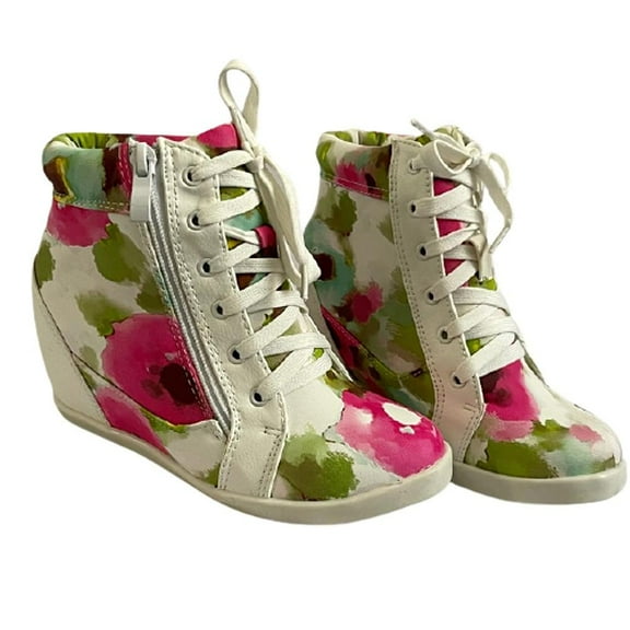 Lucky Top Little Girls Lace Up Color Splash Floral Wedge Sneakers FUSHIA