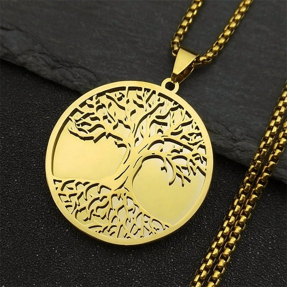Lucky Tree of Life Chain 14K Yellow Gold Necklace for Women Men Golden Silver Color Round Shape Amulet Chains Jewelry