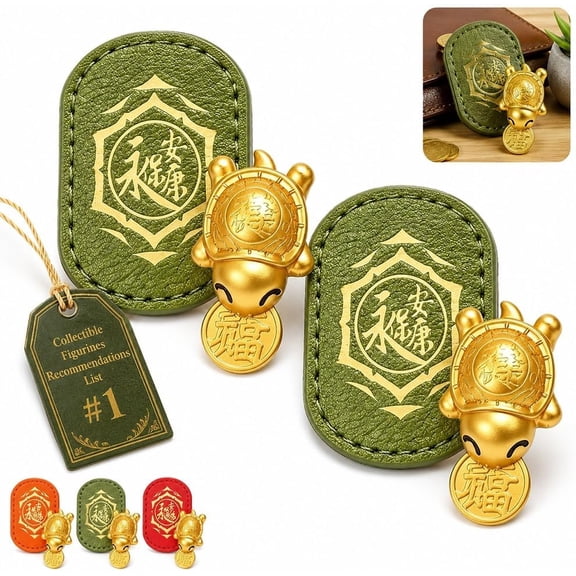 Lucky Turtle Wallet Charm Handmade Golden Turtle Charm Feng Shui Amulet | Compact Coin Biting Accent Design Meaning Talisman with Leather Sleeve Home Birthday Keepsake Ornaments Protection Gift Set