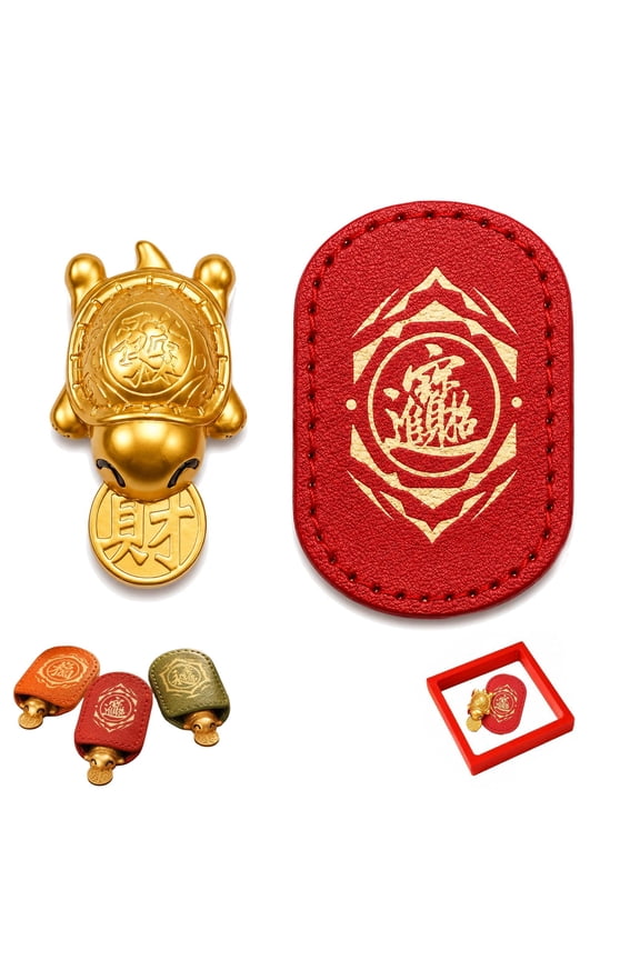 Lucky Turtle Wallet Charmm, Lucky Talisman with Leather Sleeve, Copper with Golden Finish, Stitched Leather Sleeve, Portable Keepsake