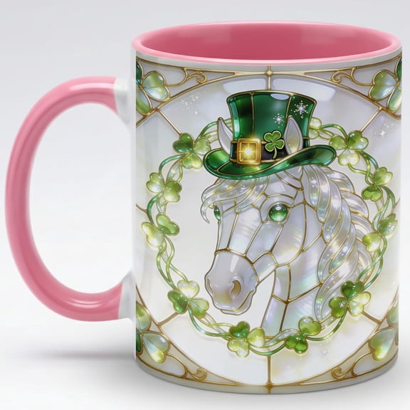 Lucky Unicorn St Patrick's Day Ceramic Mug, Stained Glass Shamrock Celtic Fantasy Horse Coffee Cup, Irish Green Holiday Gift for Women Men Friends Family
