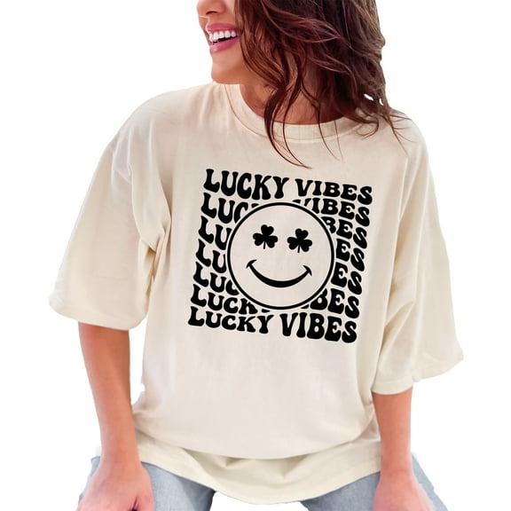 Lucky Vibes, St. Patrick's Day or Irish Themed, Groovy Retro Wavy Text, Ivory Comfort Colors T-Shirt, 2XL