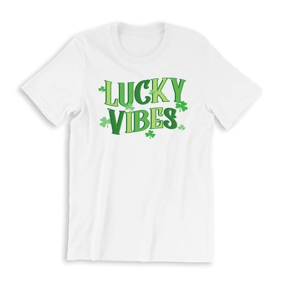 Lucky Vibes Women's White T-Shirt Green Clover Design St. Patrick's Day Holiday Shirt