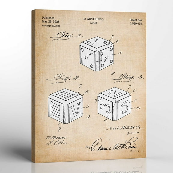 Lucky Wall Art, Patent Dice Canvas Print, Ready To Hang for Living Room Home Wall Art, C2321-16x20