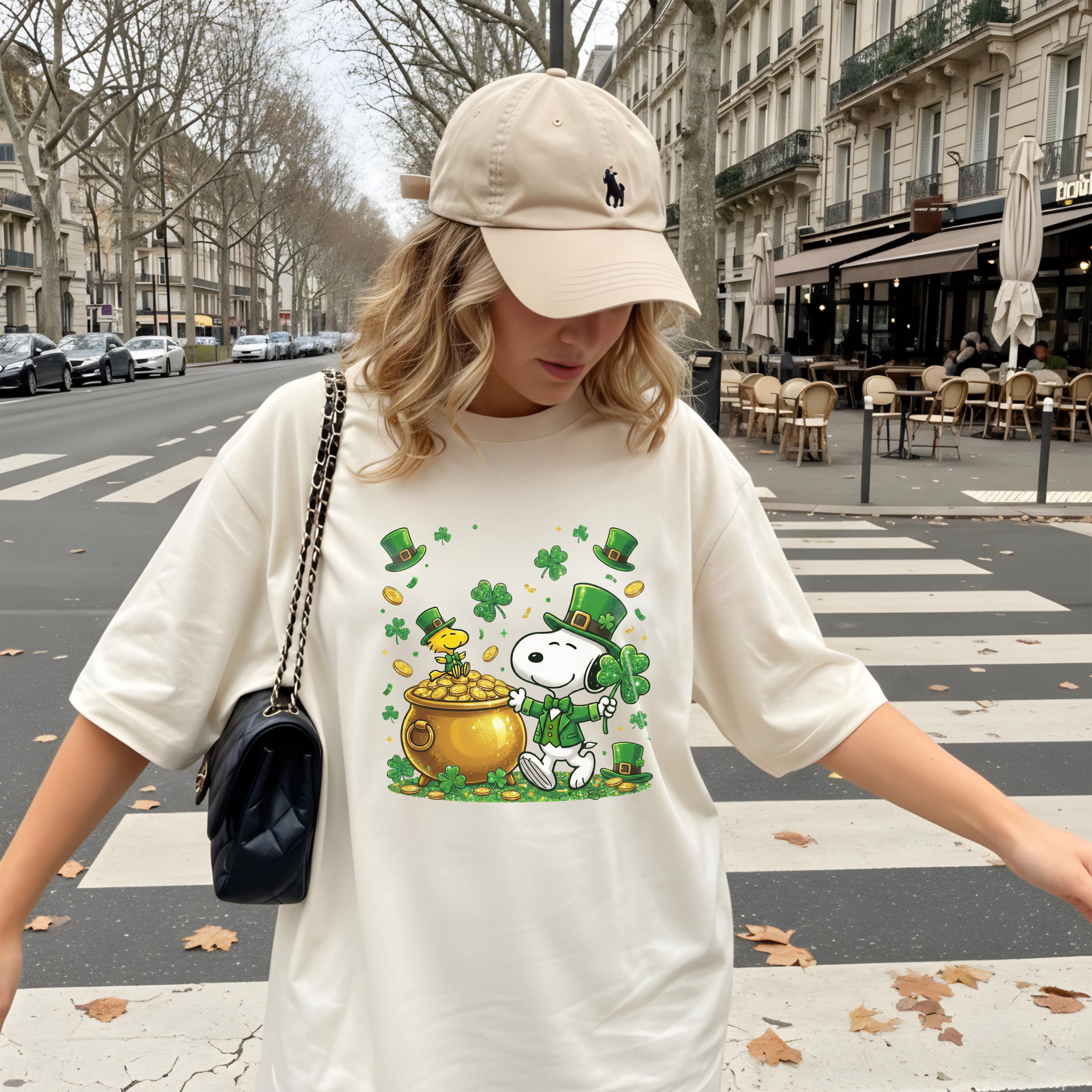 Lucky White Beagle Pot of Gold T-Shirt, Cartoon Dog Yellow Bird St ...