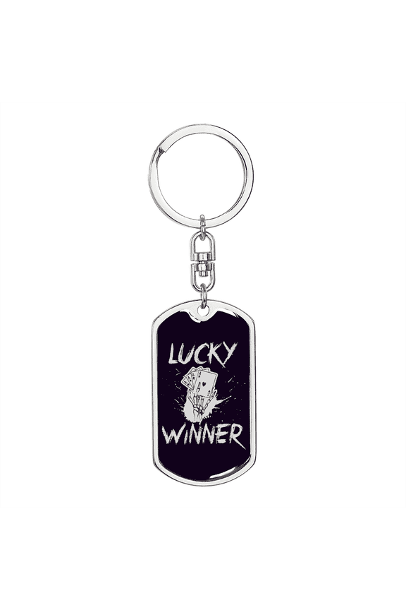 Lucky Winner Gambler Stainless Steel or 18k Gold Premium Swivel Dog Tag Keychain