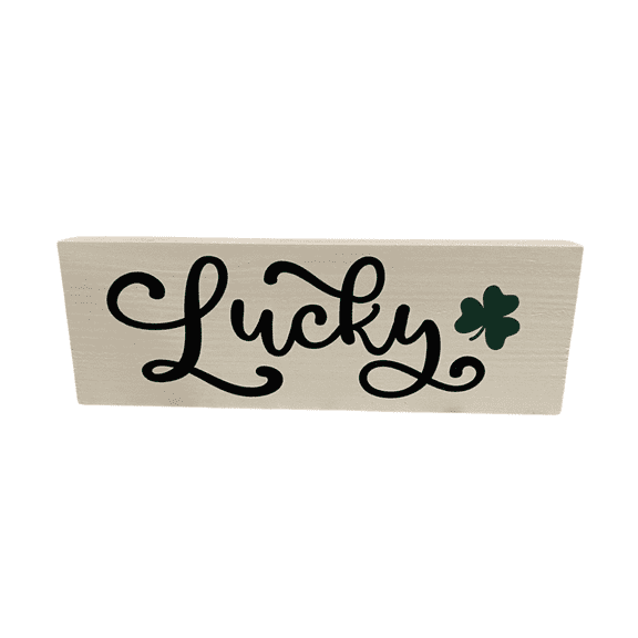 Lucky Wooden Block Sign, Farmhouse St. Patricks Day Decor, White Wood Shelf Sign with Shamrock Accent