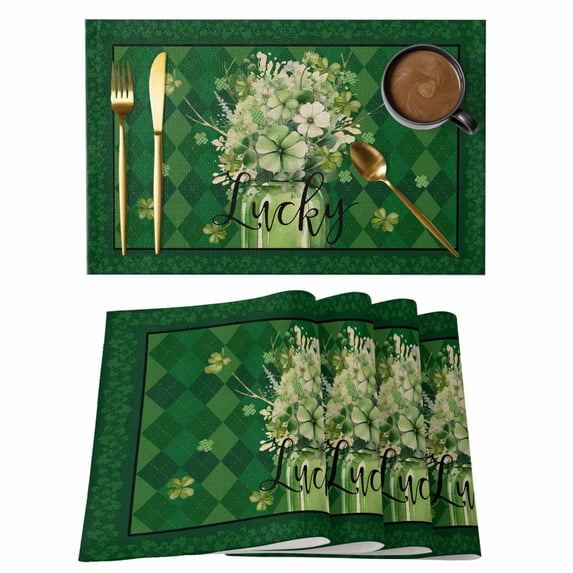 Lucky Words on Green Background Placemats Set of 6,Wipeable Washable Table Mats for Dining Tables, St. Patrick's Day Grass Place Mats for Kitchen Event Party Tabletop Decor