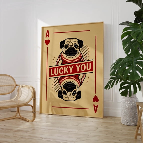 Lucky You Pug Ace of Hearts Dog Lover Wall Art, Stretched Canvas 16x20in
