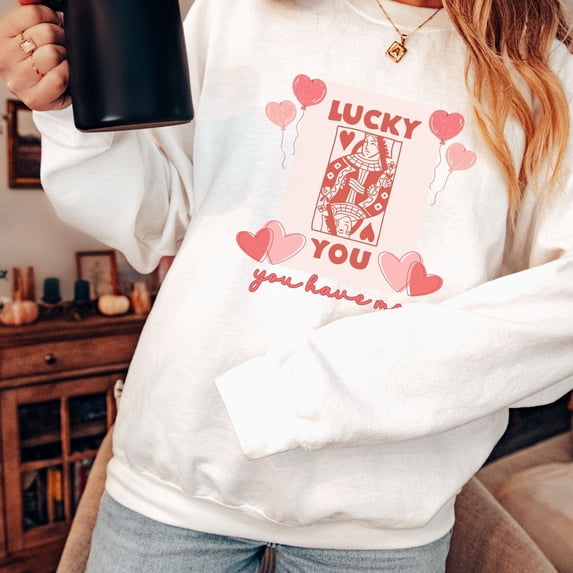 Lucky You Valentine Sweatshirt, Retro Vday Sweater, The Queen of Hearts Graphic Valentines Day Sweatshirt, Casino Poker Card Player Sweater (Sizes:XL; Colors:White;)