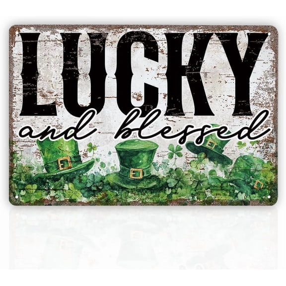 Lucky and Blessed Metal Tin Sign, St. Patricks Day Shamrock Plaque, Vintage Wall Art for Bar, Pub, Kitchen, Home Rustic Irish Farmhouse Decor