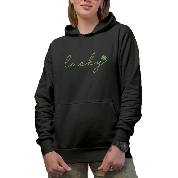 Lucky feat. a Shamrock Leaf, St. Patrick's Day Merch Gift, Black Hooded Sweatshirt or Hoodie, Small