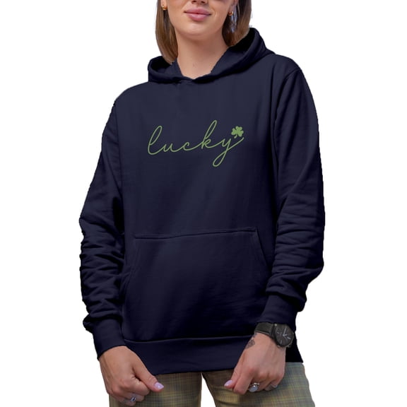 Lucky feat. a Shamrock Leaf, St. Patrick's Day Merch Gift, Navy Blue Hooded Sweatshirt or Hoodie, Medium
