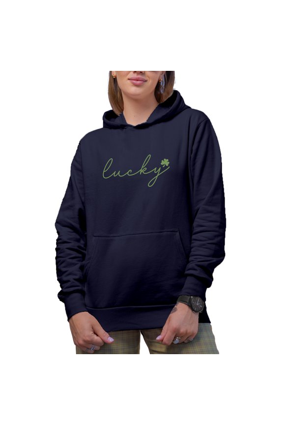 Lucky feat. a Shamrock Leaf, St. Patrick's Day Merch Gift, Navy Blue Hooded Sweatshirt or Hoodie, Medium