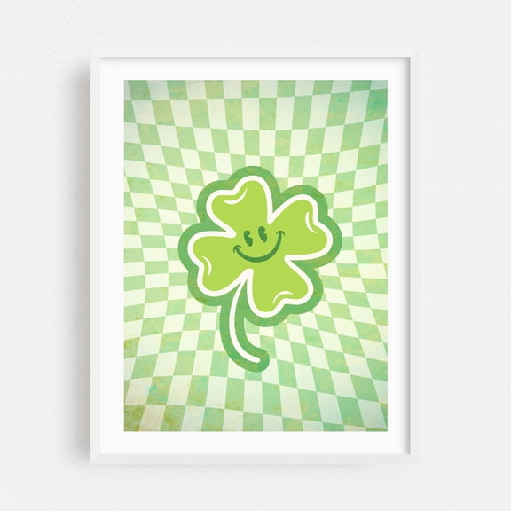 Lucky four leaf clover in retro groovy style. - Illustration Humor Psychedelic Vintage Whimsical Geometric Pop Art Retro White Framed Wall Art Print 5 x 7 inches
