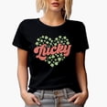 thumbnail image 1 of Lucky with Heart-Shaped Shamrock Leaves Art, St. Patrick's Day Merch Gift, Black T-Shirt, Small, 1 of 5