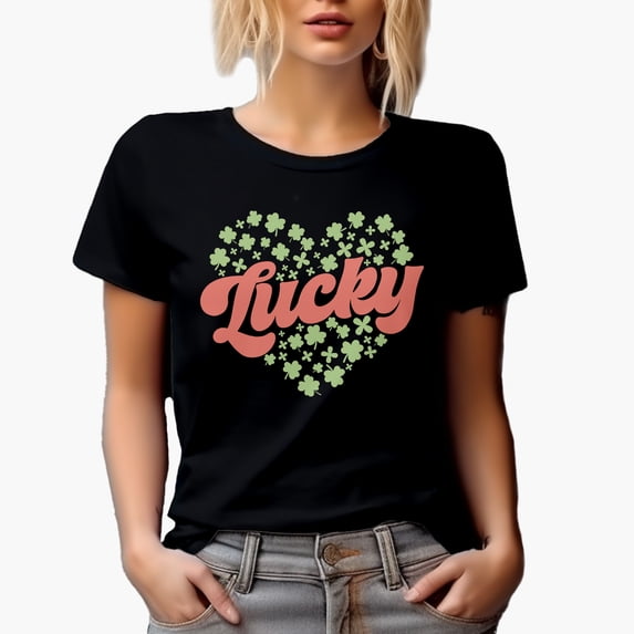 Lucky with Heart-Shaped Shamrock Leaves Art, St. Patrick's Day Merch Gift, Black T-Shirt, Small