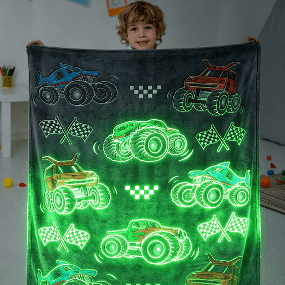LuckyApr Truck Car Toys Glow in The Dark Blanket ,50"x60",Truck Car Toys Blanket for Kids,Blanket for Teen Boys, Cozy Birthday Gift for Ages 3-12