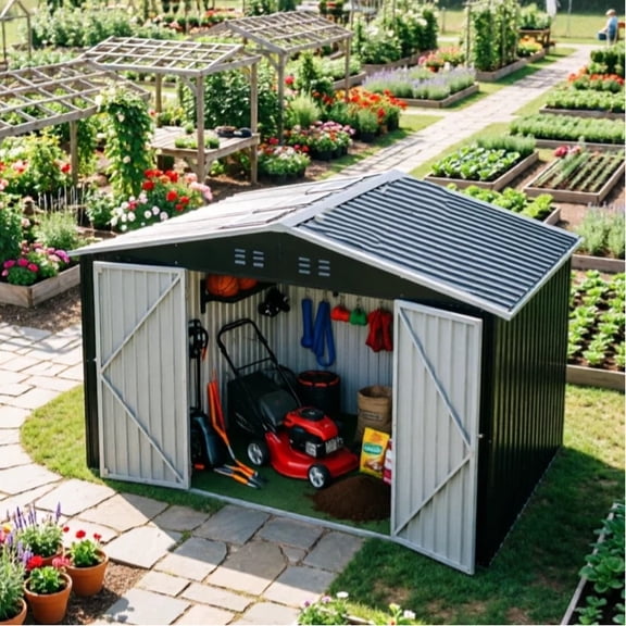 LuckyNote 10x10 ft Large Outdoor Metal Storage Shed, Heavy Duty Utility Garden Shed with Lockable Sliding Doors, for Backyard Lawn, Black