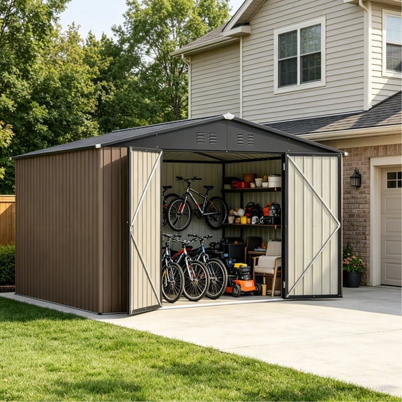 LuckyNote 10x10 ft Metal Storage Shed for Outdoor, Steel Yard Shed with Lockable Doors, Utility Tool Shed for Garden Backyard Patio, Brown