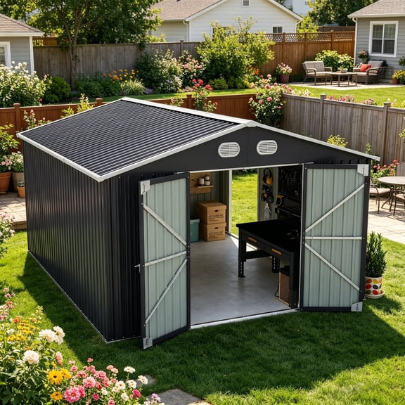 LuckyNote 10x12 FT Outdoor Metal Storage Shed, Large Garden Tool Shed with Lockable Door, Waterproof & UV Resistant, Dark Gray