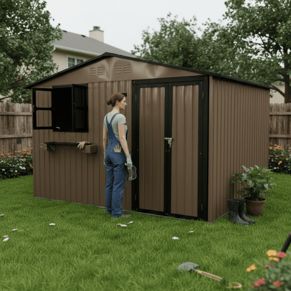 LuckyNote 10x8 FT Heavy Duty Metal Shed, Brown Black, Garden Storage with Window & Flower Rack, Lockable Double Doors, for Backyard