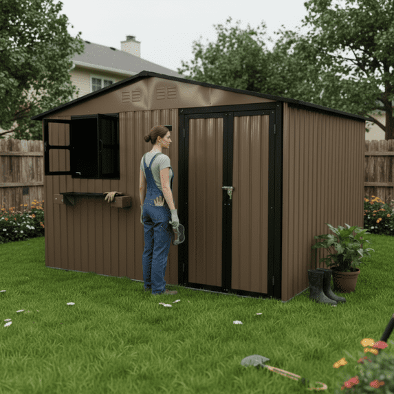 LuckyNote 10x8 FT Heavy Duty Metal Shed, Brown Black, Garden Storage with Window & Flower Rack, Lockable Double Doors, for Backyard