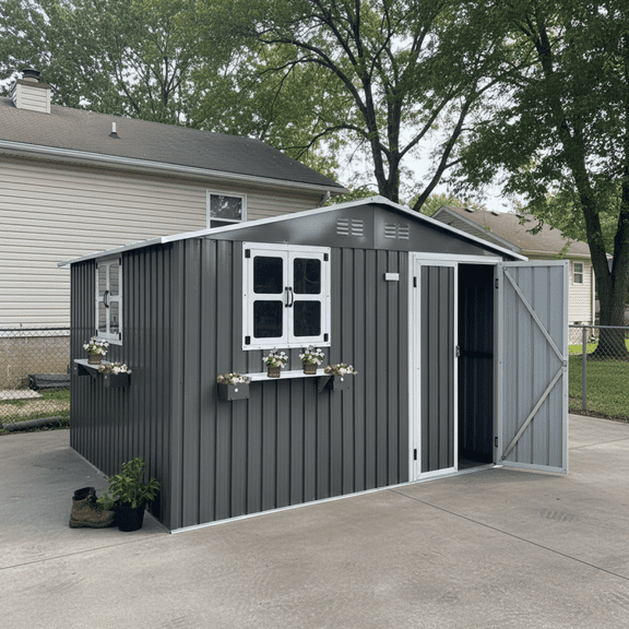 LuckyNote 10x8 FT Metal Storage Shed with Window & Flower Rack, Lockable Double Doors, Waterproof Garden Shed for Backyard Patio, Gray