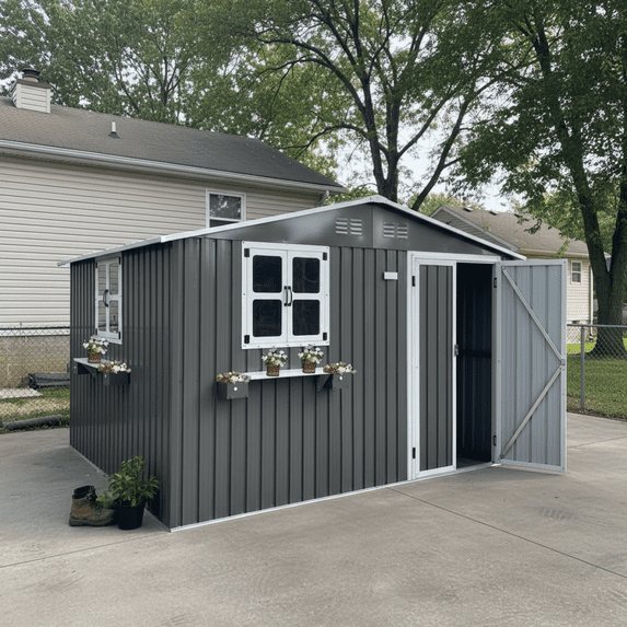 LuckyNote 10x8 FT Metal Storage Shed with Window & Flower Rack, Lockable Double Doors, Waterproof Garden Shed for Backyard Patio, Gray