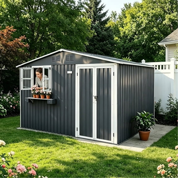 LuckyNote 10x8 FT Metal Storage Shed with Window & Flower Rack, Lockable Double Doors, Waterproof Garden Shed for Backyard Patio, Gray