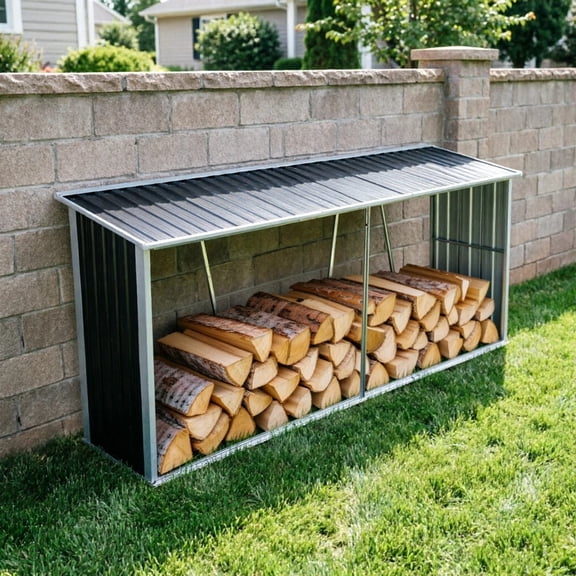 LuckyNote 129.9" Galvanized Steel Firewood Rack with Roof, Large Log Storage Shed for Backyard Garden Patio, Dark Gray