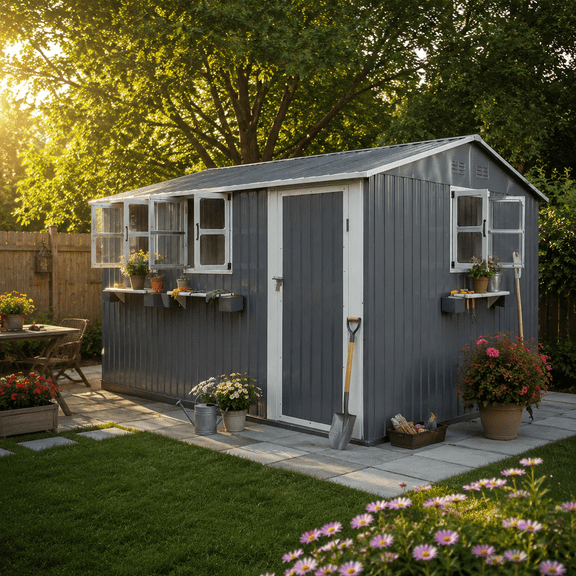 LuckyNote 12x10 FT Metal Storage Shed with 3 Clear Windows & Flower Rack, Lockable Single Door, Heavy Duty Waterproof Garden Shed, Gray