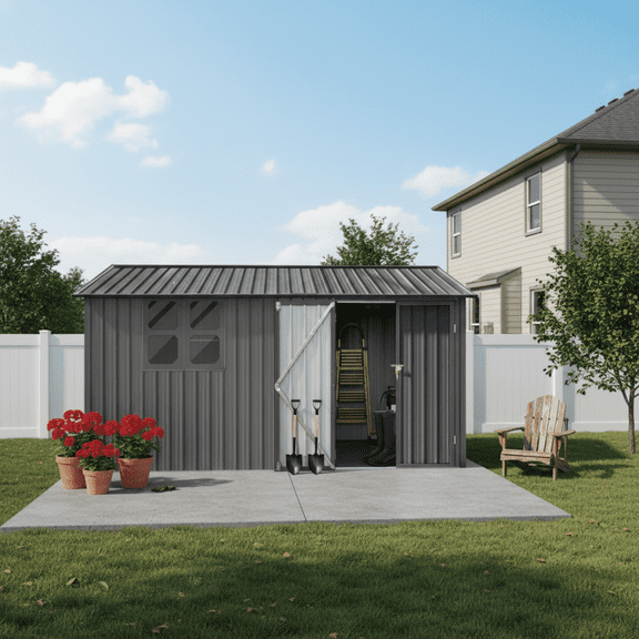 LuckyNote 12x10 ft Galvanized Metal Storage Shed, Grey, Utility Shed with Window, Foldable Workbench, Two Shelves, Hinged Door