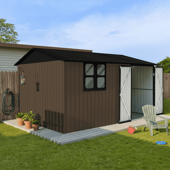 LuckyNote 12x10 ft Metal Garden Shed, Brown Outdoor Storage Shed with Window, Goods Shelves & Foldable Workbench, Apex Roof